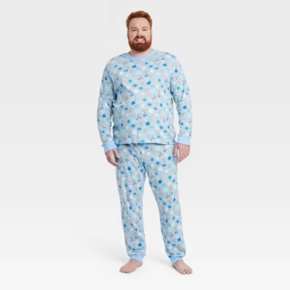 Men's Hanukkah Cotton Ribbed Holiday Matching Family Pajama Set - Blue Large